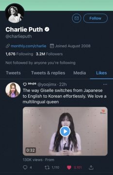 Charlie Puth clicks like on a tweet related to aespa Giselle | KBIZOOM
