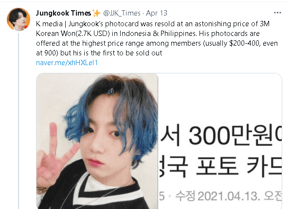 BTS Jungkook's photocard is the most expensive photocard ever sold in